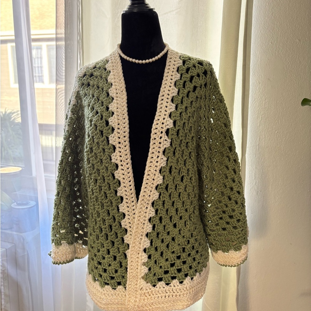 Chic Crochet Cardigan in Green and Cream